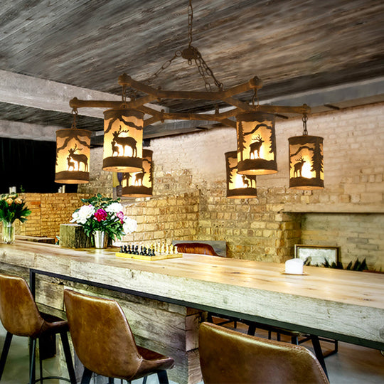 Rustic Metal and Fabric Chandelier Light with 3/6/9 Cylinder Lights, Brown Pendant Lighting for Dining Room - Deer Pattern
