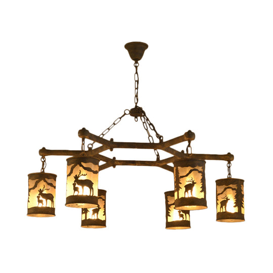 Rustic Metal and Fabric Chandelier Light with 3/6/9 Cylinder Lights, Brown Pendant Lighting for Dining Room - Deer Pattern