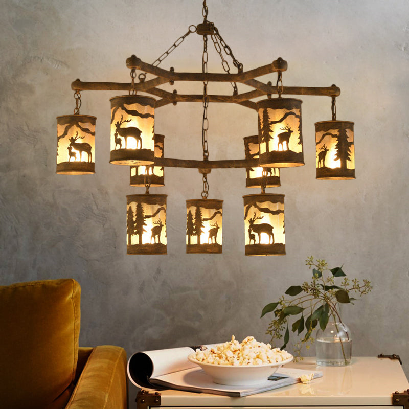 Rustic Metal and Fabric Chandelier Light with 3/6/9 Cylinder Lights, Brown Pendant Lighting for Dining Room - Deer Pattern