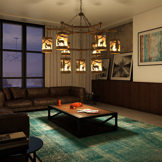 Rustic Metal and Fabric Chandelier Light with 3/6/9 Cylinder Lights, Brown Pendant Lighting for Dining Room - Deer Pattern