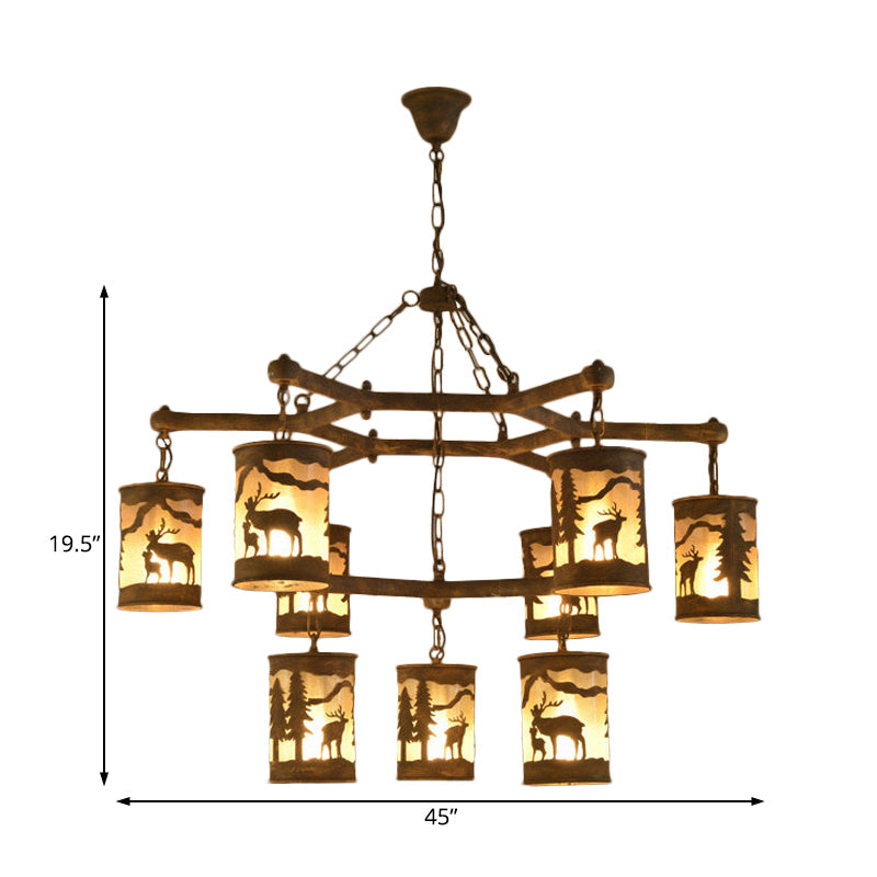 Rustic Metal and Fabric Chandelier Light with 3/6/9 Cylinder Lights, Brown Pendant Lighting for Dining Room - Deer Pattern