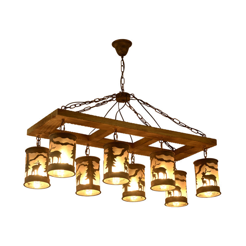 Country Style Wood and Metal 8-Light Linear Ceiling Chandelier - Bronze Finish