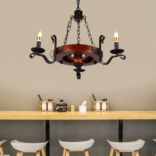 Rustic Wood Candle Chandelier - Red Brown, 3/5/6 Lights - Dining Room Hanging Light