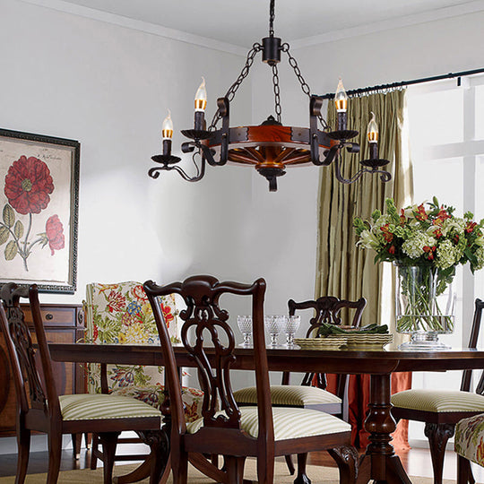 Rustic Wood Candle Chandelier - Red Brown, 3/5/6 Lights - Dining Room Hanging Light