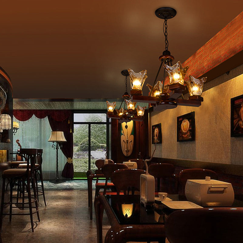 Rustic Wood Flower Chandelier with Tan Textured Glass – 4/6 Lights Dining Pendant in Red Brown