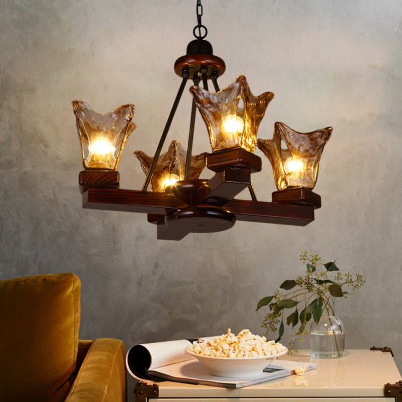 Rustic Wood Flower Chandelier with Tan Textured Glass – 4/6 Lights Dining Pendant in Red Brown