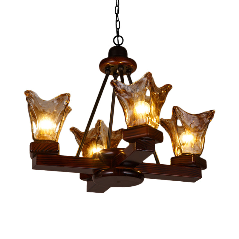 Rustic Wood Flower Chandelier with Tan Textured Glass – 4/6 Lights Dining Pendant in Red Brown