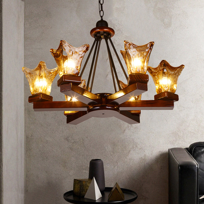 Rustic Wood Flower Chandelier with Tan Textured Glass – 4/6 Lights Dining Pendant in Red Brown