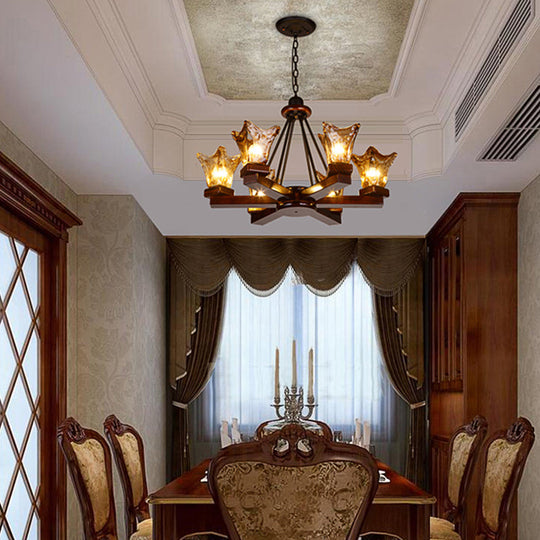 Rustic Wood Flower Chandelier with Tan Textured Glass – 4/6 Lights Dining Pendant in Red Brown