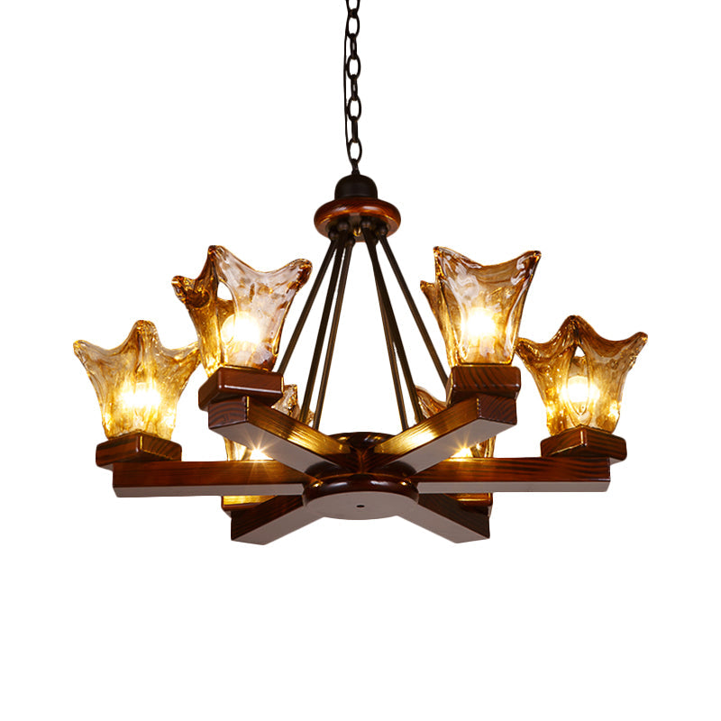 Rustic Wood Flower Chandelier with Tan Textured Glass – 4/6 Lights Dining Pendant in Red Brown