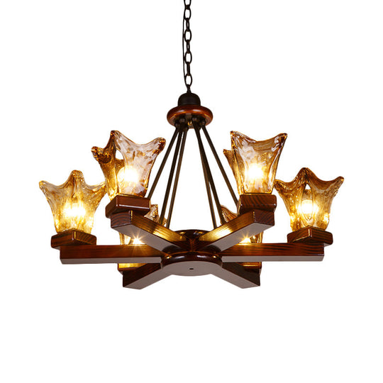 Rustic Wood Flower Chandelier with Tan Textured Glass – 4/6 Lights Dining Pendant in Red Brown