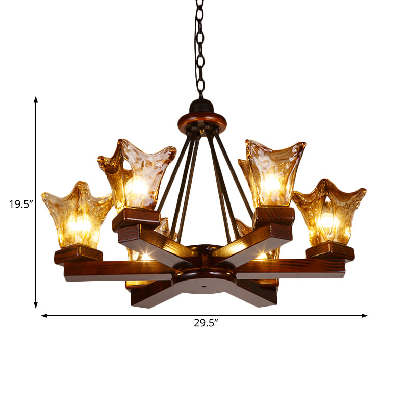 Rustic Wood Flower Chandelier with Tan Textured Glass – 4/6 Lights Dining Pendant in Red Brown