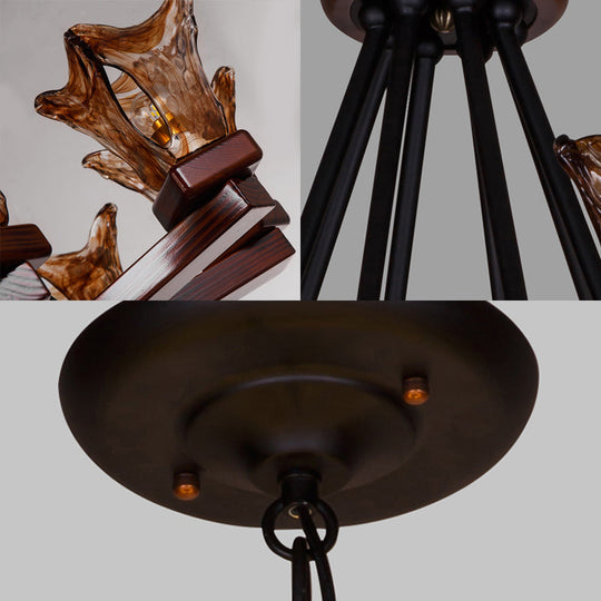 Rustic Wood Flower Chandelier with Tan Textured Glass – 4/6 Lights Dining Pendant in Red Brown
