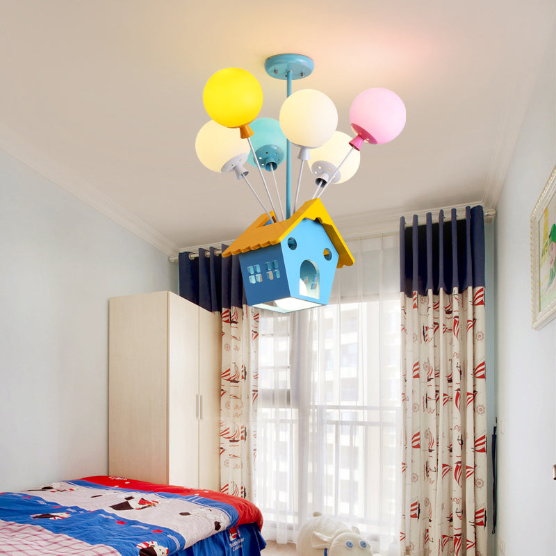 Blue Balloon House Hanging Lamp: Cartoon-Style Chandelier with 6 Wooden Bulbs & Multicolored Glass Shade