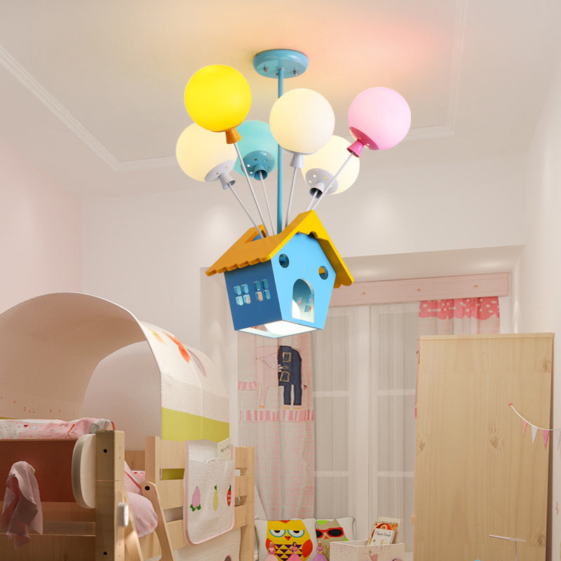 Blue Balloon House Hanging Lamp: Cartoon-Style Chandelier with 6 Wooden Bulbs & Multicolored Glass Shade