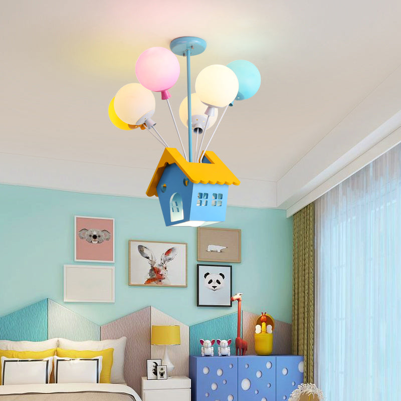 Blue Balloon House Hanging Lamp: Cartoon-Style Chandelier with 6 Wooden Bulbs & Multicolored Glass Shade