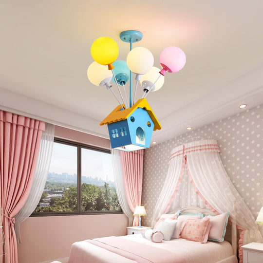 Blue Balloon House Hanging Lamp: Cartoon-Style Chandelier with 6 Wooden Bulbs & Multicolored Glass Shade