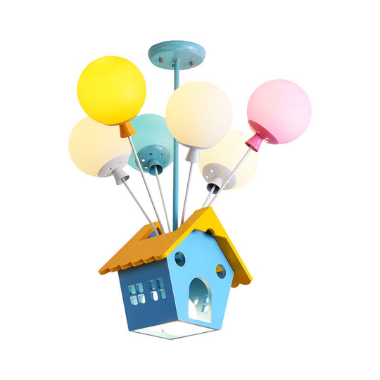 Blue Balloon House Hanging Lamp: Cartoon-Style Chandelier with 6 Wooden Bulbs & Multicolored Glass Shade
