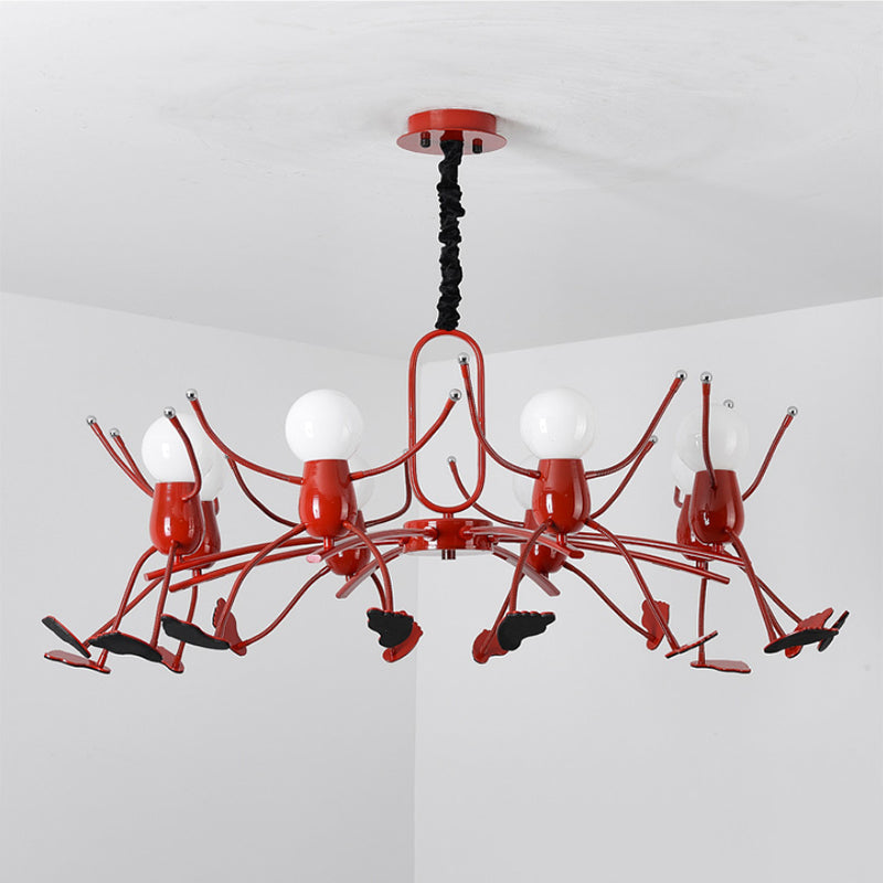 Playful Red Stick-Man Kids Room Chandelier – Cartoon Metal Hanging Light Fixture