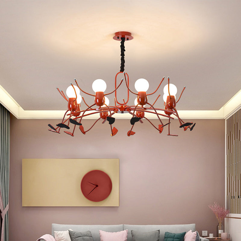 Playful Red Stick-Man Kids Room Chandelier – Cartoon Metal Hanging Light Fixture