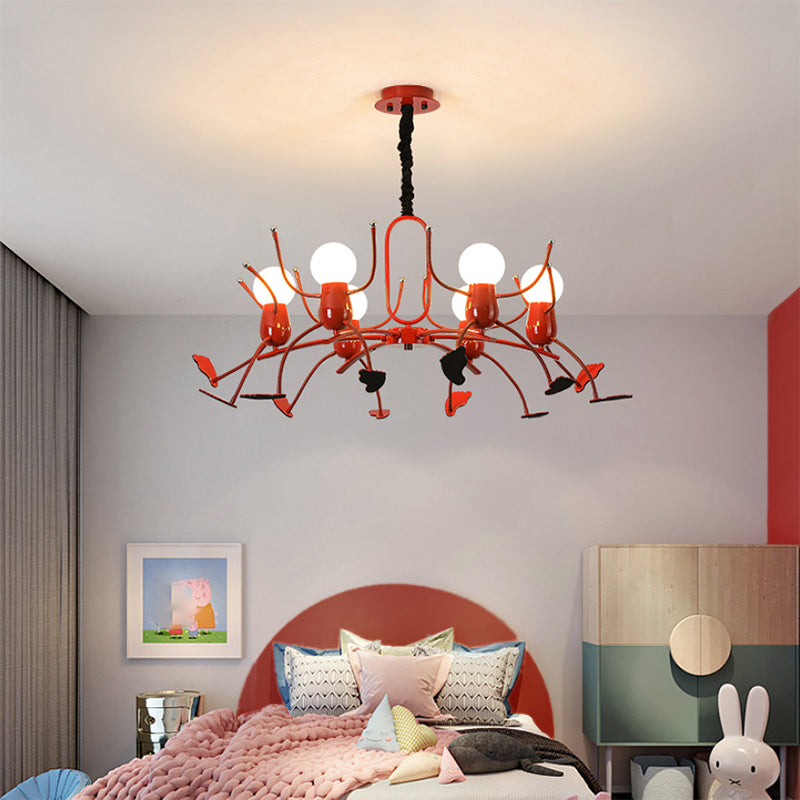 Playful Red Stick-Man Kids Room Chandelier – Cartoon Metal Hanging Light Fixture