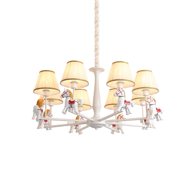 Kids' White Horse Chandelier Lamp - Resin Ceiling Pendant Light with Fabric Shade