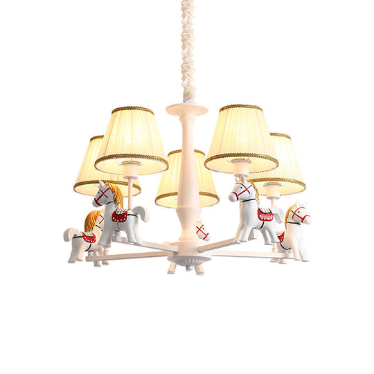 Kids' White Horse Chandelier Lamp - Resin Ceiling Pendant Light with Fabric Shade