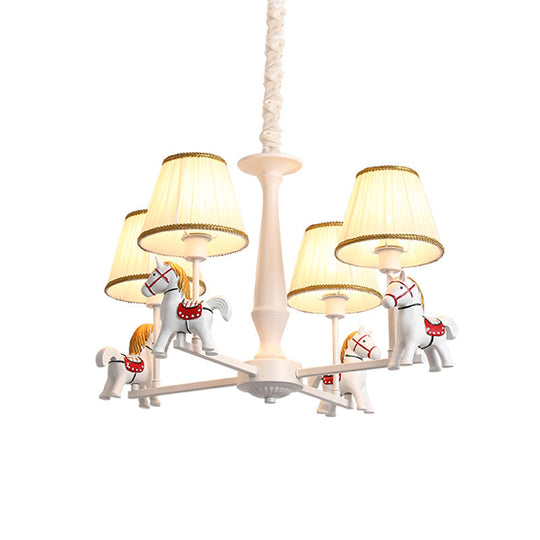 Kids' White Horse Chandelier Lamp - Resin Ceiling Pendant Light with Fabric Shade