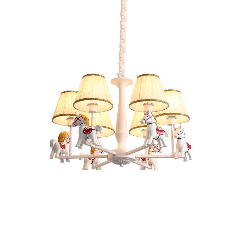 Kids' White Horse Chandelier Lamp - Resin Ceiling Pendant Light with Fabric Shade