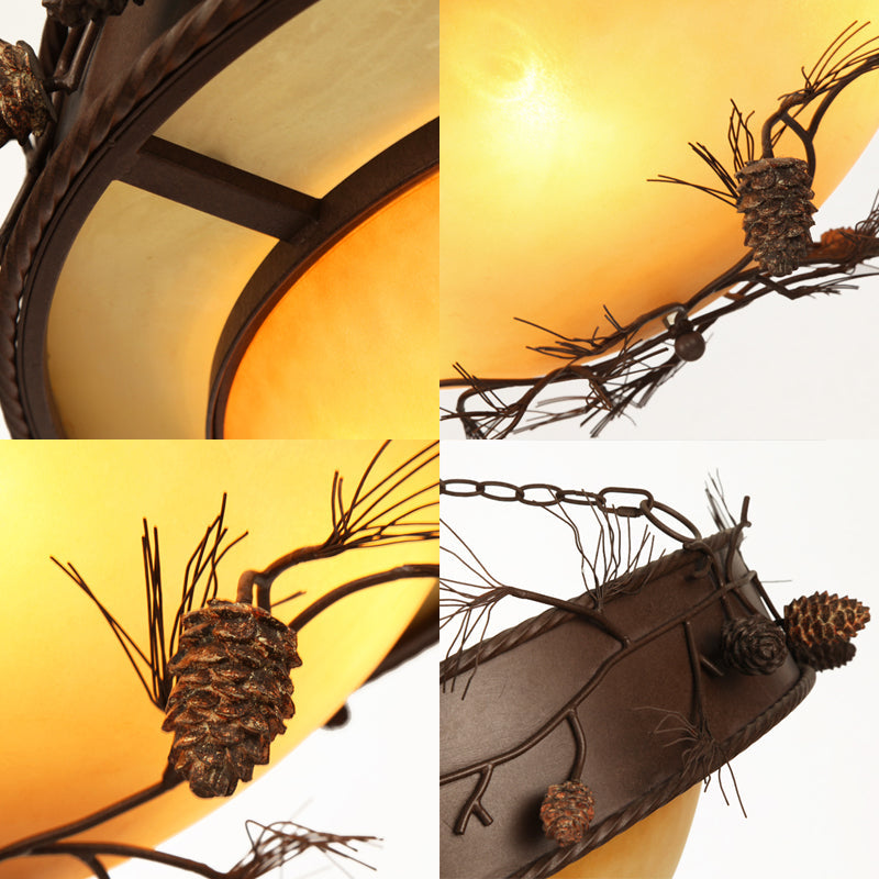 Country Bowl Frosted Glass Hanging Chandelier in Red Brown with Pinecone Accents - 4-Light Ceiling Light