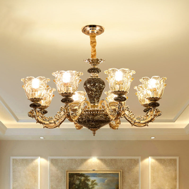 Clear Glass Flower Up Chandelier in Coffee - Traditional Bedroom Hanging Light Fixture