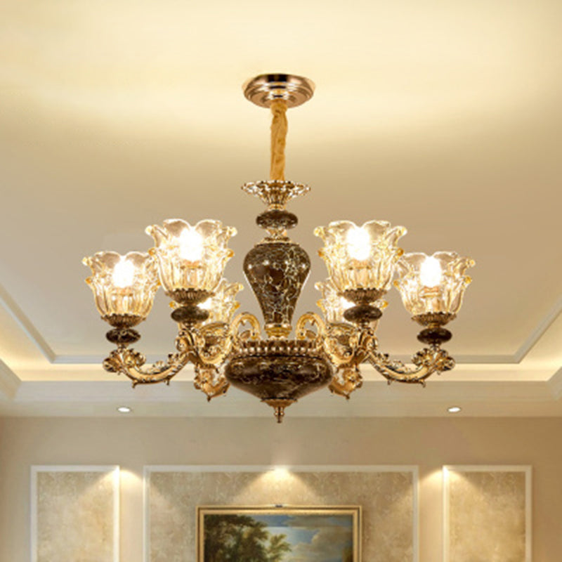 Clear Glass Flower Up Chandelier in Coffee - Traditional Bedroom Hanging Light Fixture