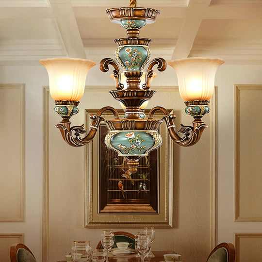 Retro Green Glass Chandelier Ceiling Light with Bell Hanging Design