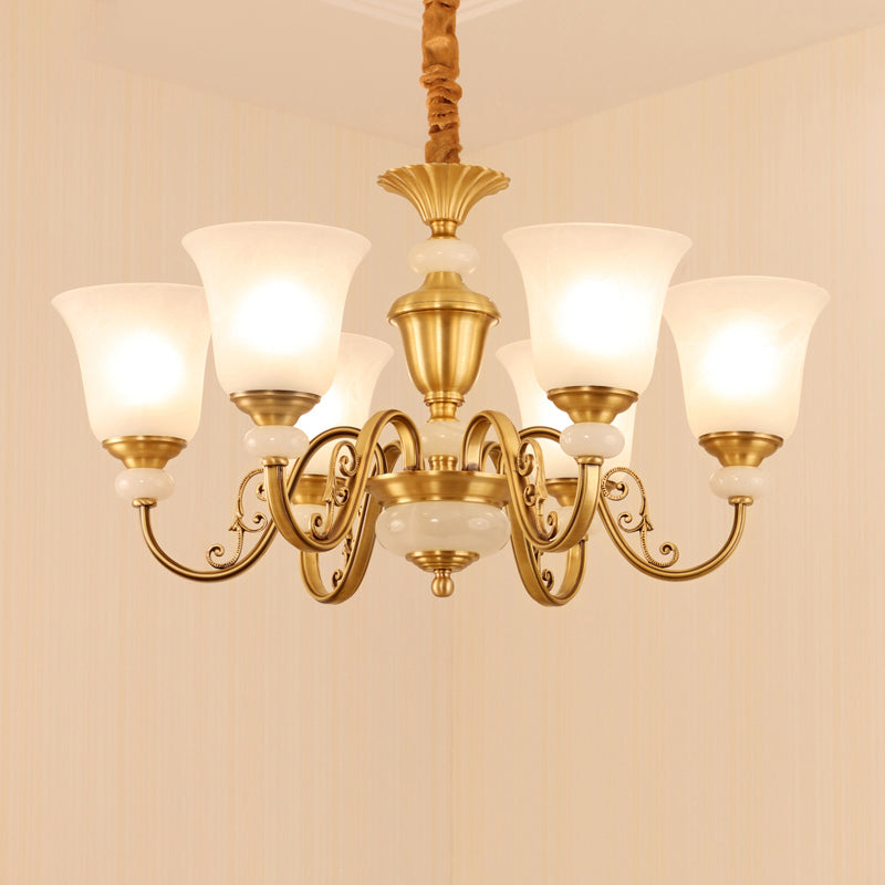 Minimalist 6-Light Bell Pendant Chandelier in Gold with Frosted White Glass