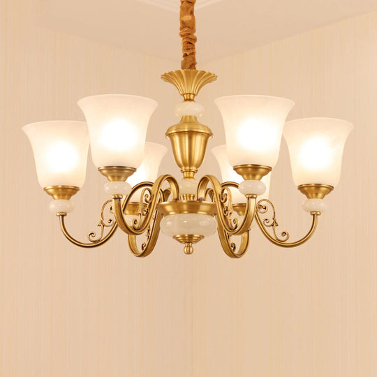 Minimalist 6-Light Bell Pendant Chandelier in Gold with Frosted White Glass