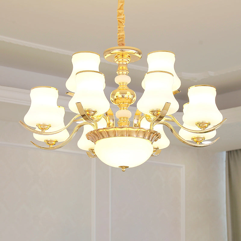 Opal Glass Bedroom Chandelier with Gold Plating - Hanging Lamp Light Fixture