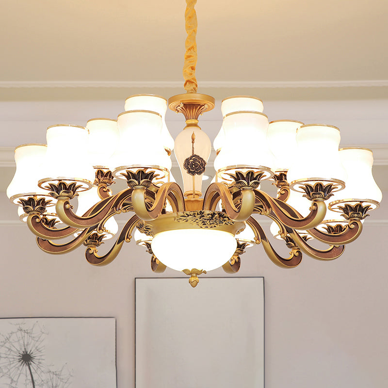 Vintage Brass Chandelier: White Glass Flared Design for Dining Room Lighting