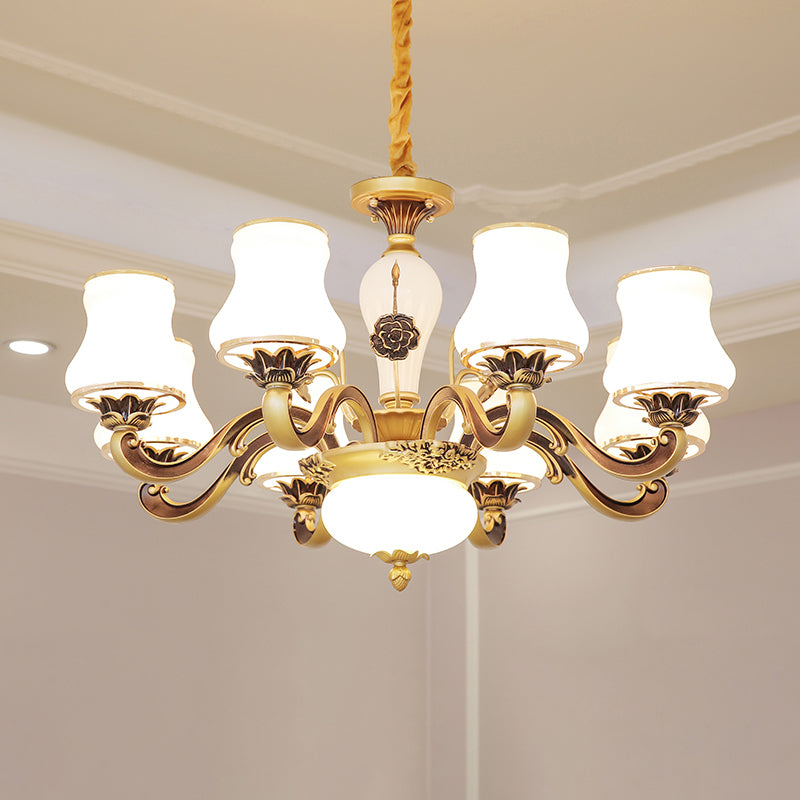 Vintage Brass Chandelier: White Glass Flared Design for Dining Room Lighting