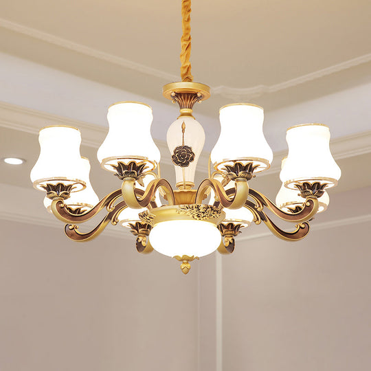 Vintage Brass Chandelier: White Glass Flared Design for Dining Room Lighting