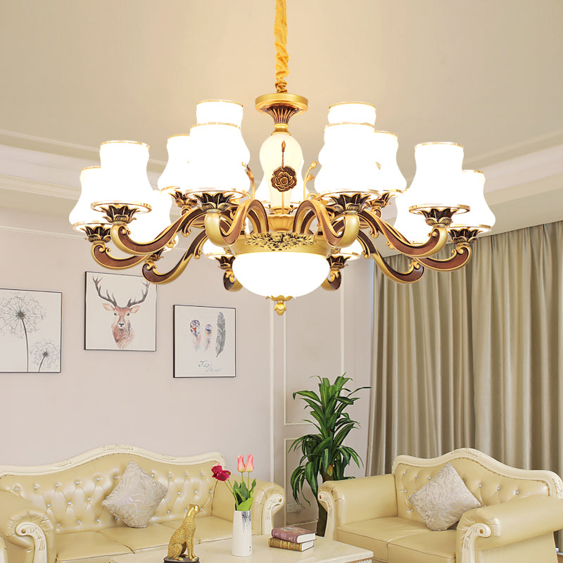 Vintage Brass Chandelier: White Glass Flared Design for Dining Room Lighting