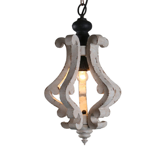 Rustic Wooden Lantern Pendant Ceiling Light - Distressed White Hanging Kit, 1-Light Design