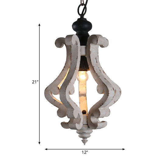 Rustic Wooden Lantern Pendant Ceiling Light - Distressed White Hanging Kit, 1-Light Design