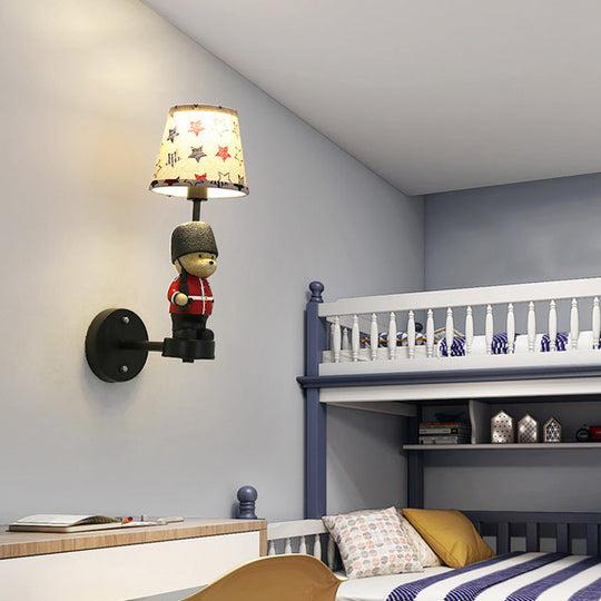 Kids Style Fabric Wall Sconce - Empire Shade, Single Black Wall Mount Light with Trooper Deco