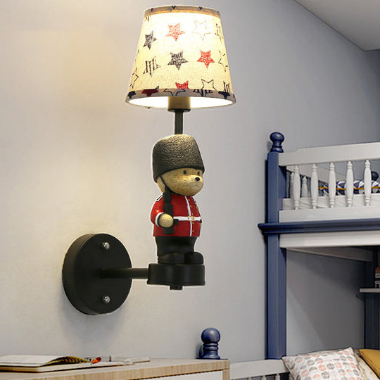 Kids Style Fabric Wall Sconce - Empire Shade, Single Black Wall Mount Light with Trooper Deco