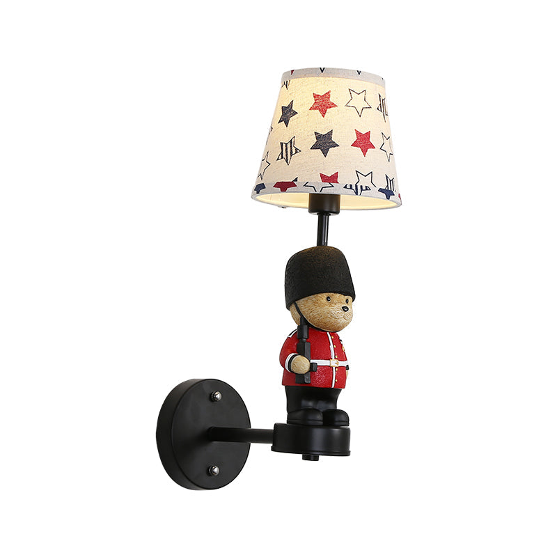 Kids Style Fabric Wall Sconce - Empire Shade, Single Black Wall Mount Light with Trooper Deco