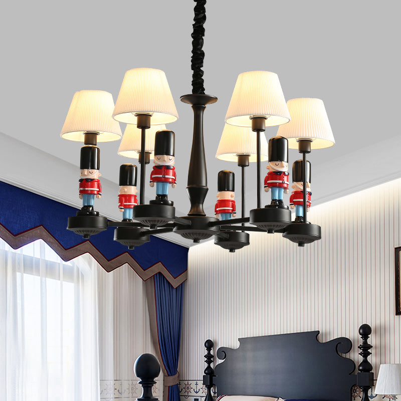 Kids Conical Hanging Lamp with British Soldier Deco in Black