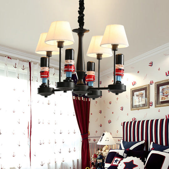 Kids Conical Hanging Lamp with British Soldier Deco in Black