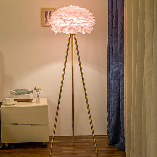 Nordic Style Feather Dome Bedside Floor Lamp - Brass Tripod, 1 Head