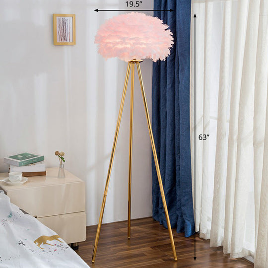 Nordic Style Feather Dome Bedside Floor Lamp - Brass Tripod, 1 Head