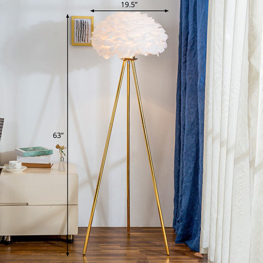 Nordic Style Feather Dome Bedside Floor Lamp - Brass Tripod, 1 Head